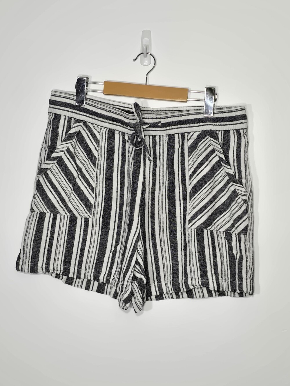 Nautical Striped Linen Blend Lightweight Shorts Pockets Drawstring Tie Sz Large